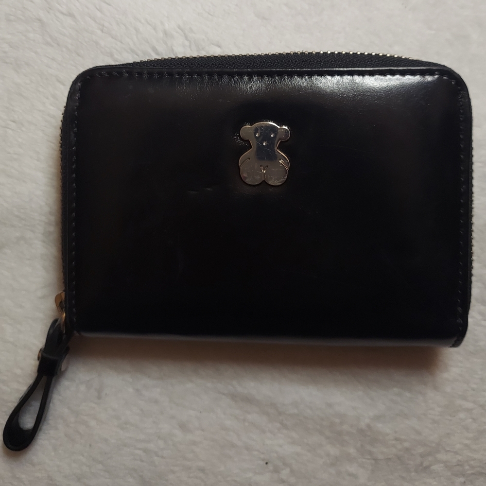 TOUS Black Pleather Wallet with Silver Bear Accent